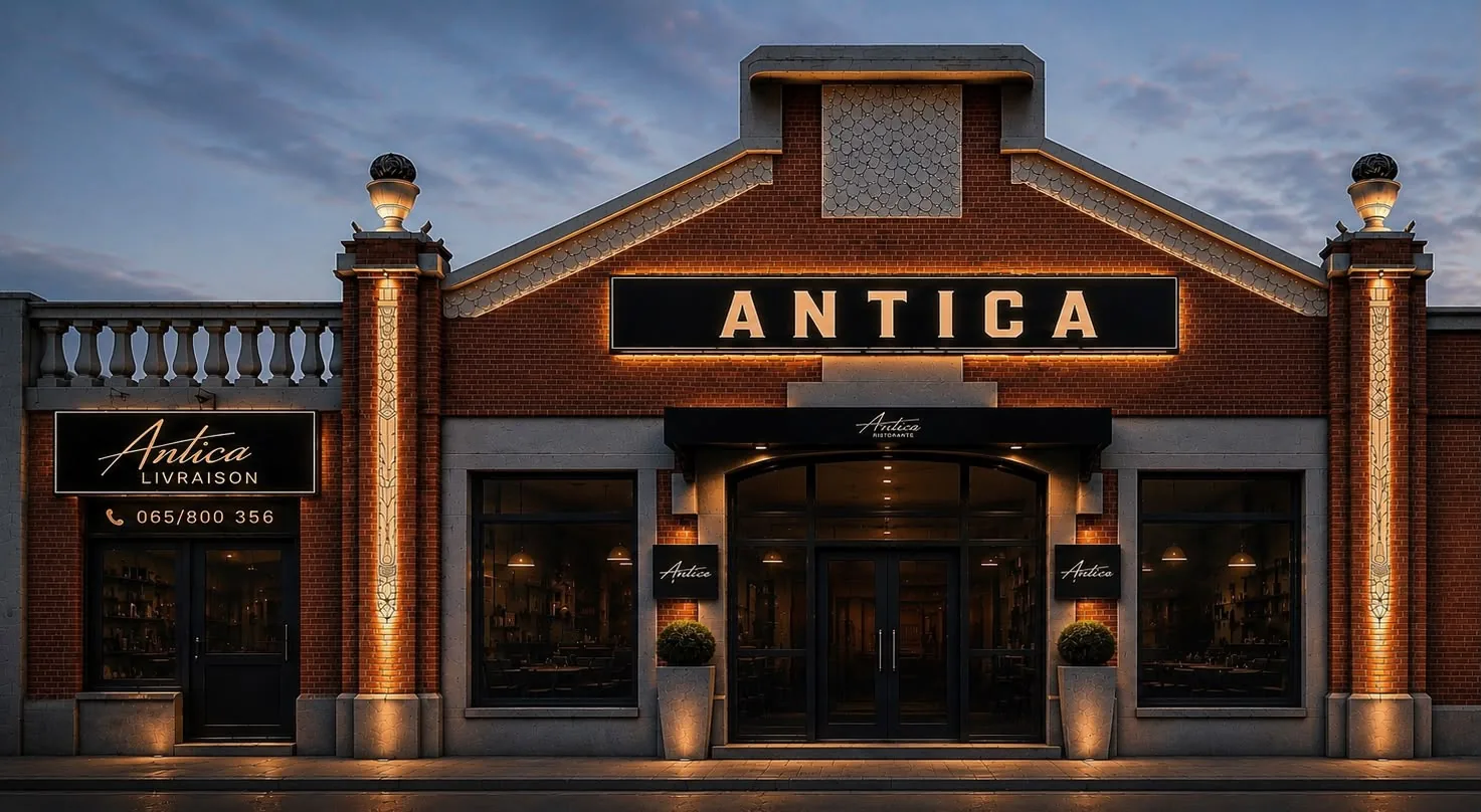 Devanture du Ristorante Antica à Hornu, à la tombée du jour